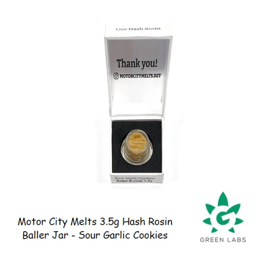 (MED) Motor City Melts Baller Jar - Live Hash Rosin 3.5g - Sour Garlic Cookies